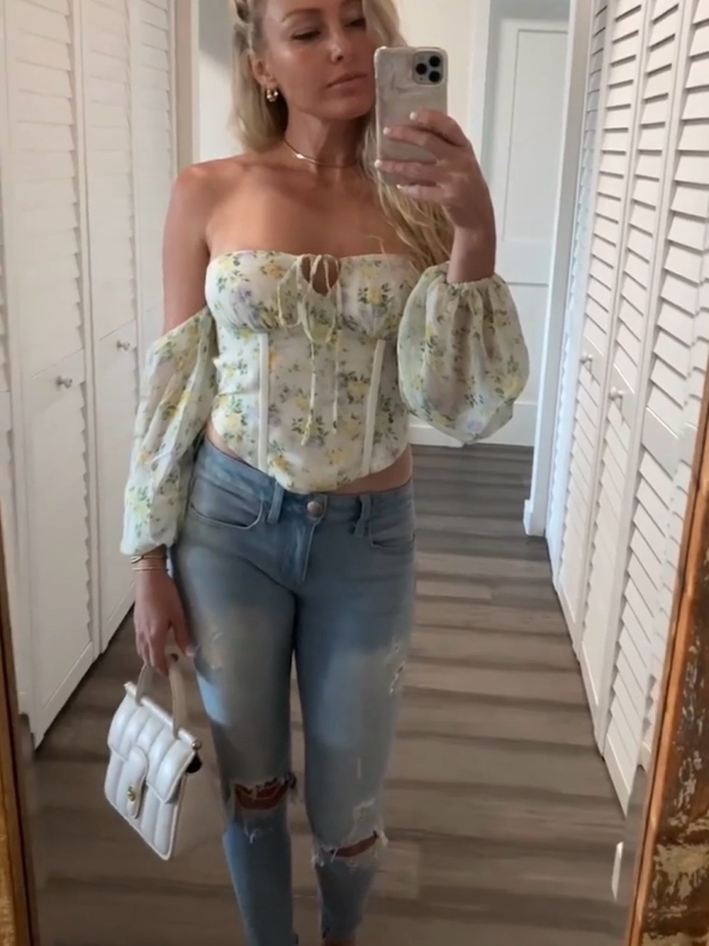 Off-Shoulder Floral Corset Blouse in Cream